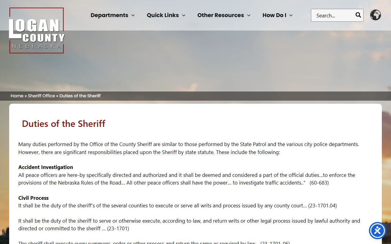 Logan County Jail sheriff duties and custody authority